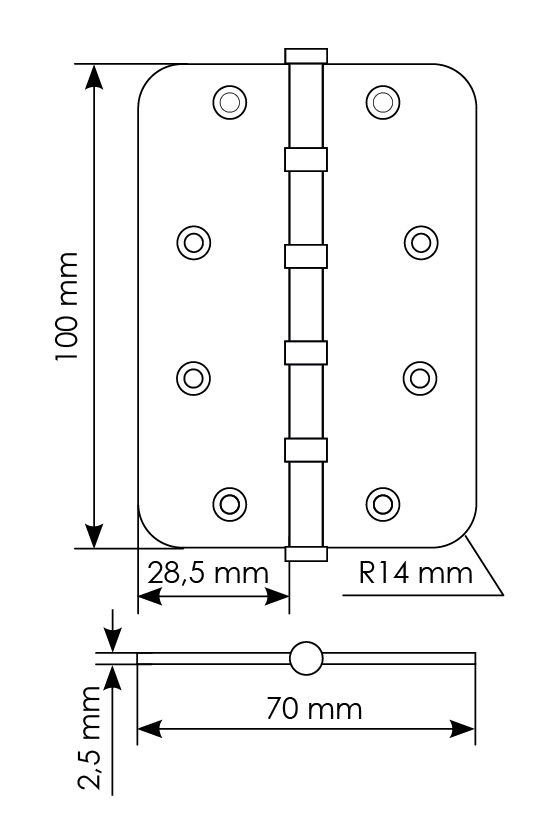 Петля стальная MSN-C 100X70X2.5-4BB SN скругленная универсальная с подшипником, вес полотна до 40 кг, цвет белый никель фото купить в Омске